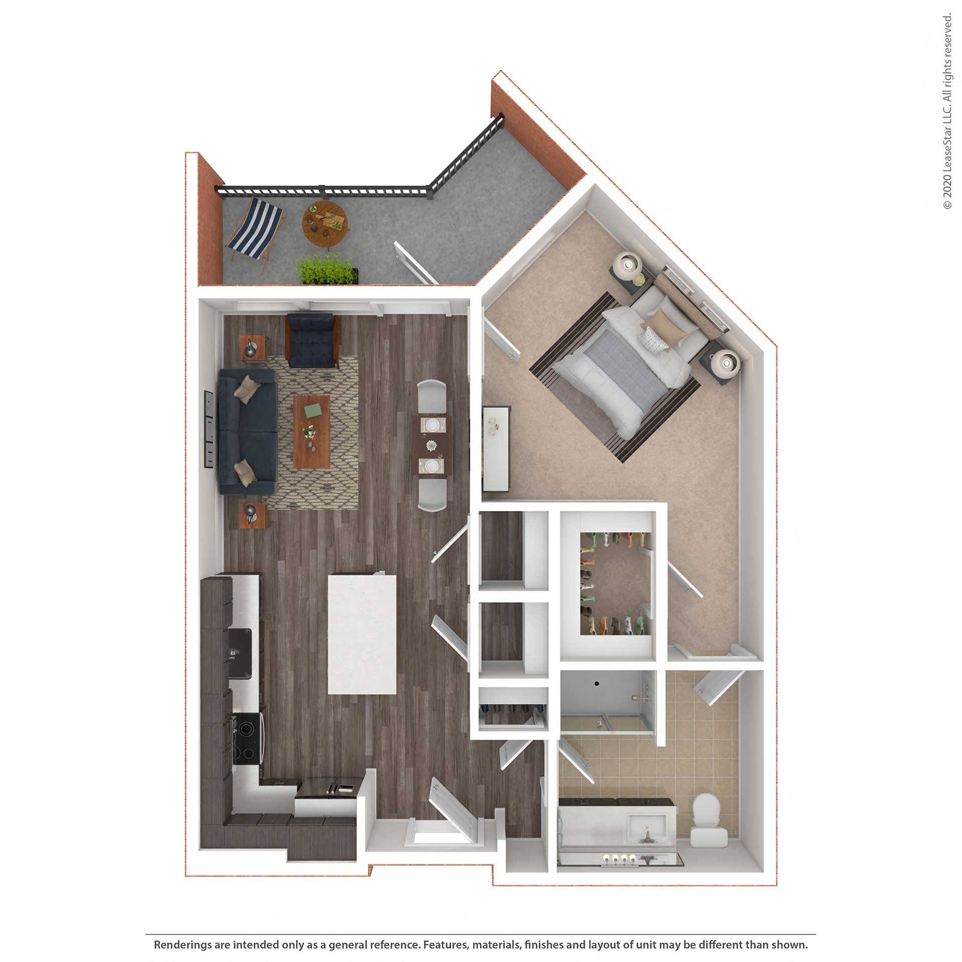 Floor plan for 1 bed, 1 bath, 682 sqft